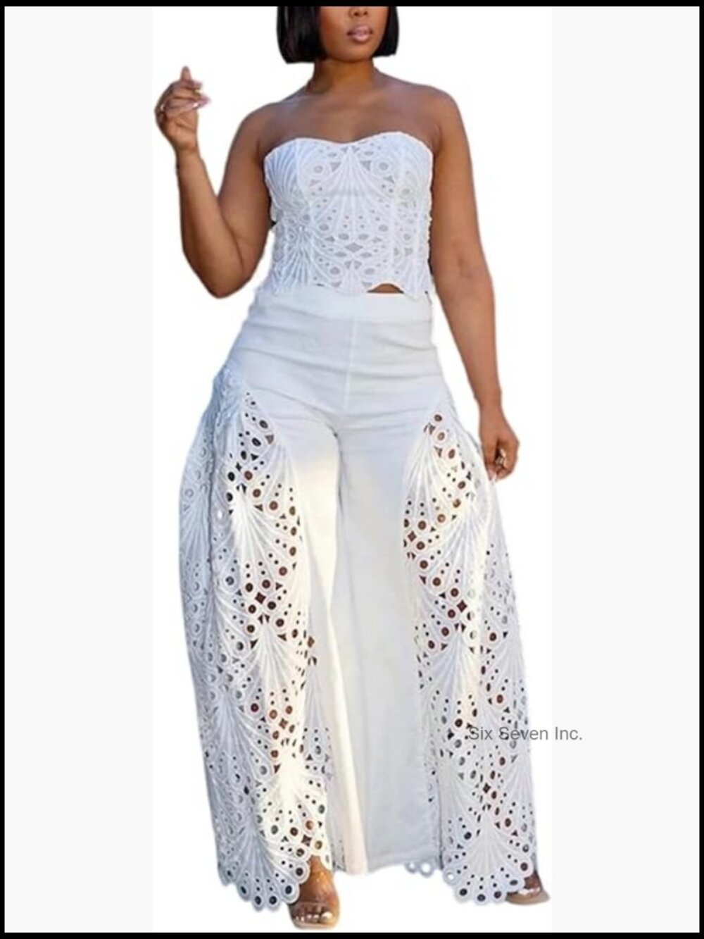 2 Piece Lace Set Strapless Corset Tube Top Hollow Out Eyelet Barrel Pants